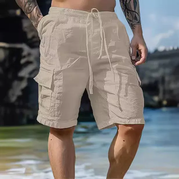 Men's Solid Color Cotton And Linen Drawstring Shorts