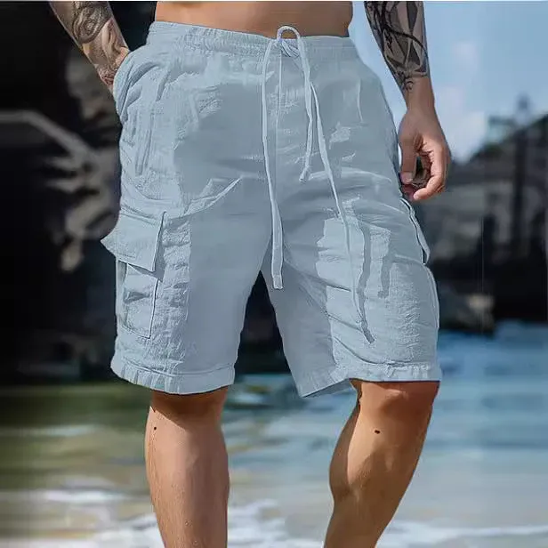 Men's Solid Color Cotton And Linen Drawstring Shorts