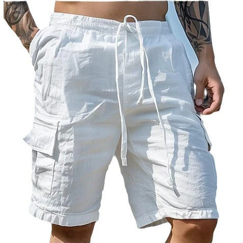 Men's Solid Color Cotton And Linen Drawstring Shorts