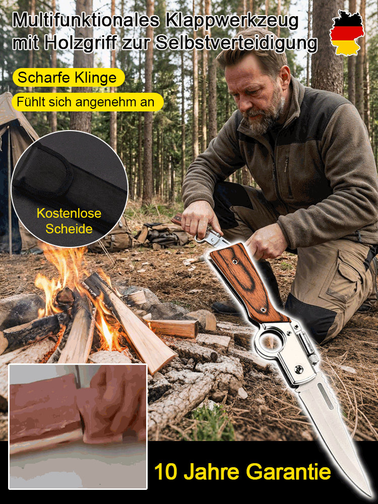 Multifunktionales Klappwerkzeug mit Holzgriff zur Selbstverteidigung