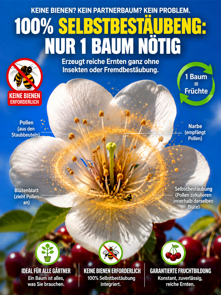 Chilenischer selbstbestäubender Kirschbaum‑Setzling – Winterhart, auch für Töpfe! Schon im Juli Früchte ernten