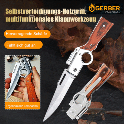 Multifunktionales Klappwerkzeug mit Holzgriff zur Selbstverteidigung
