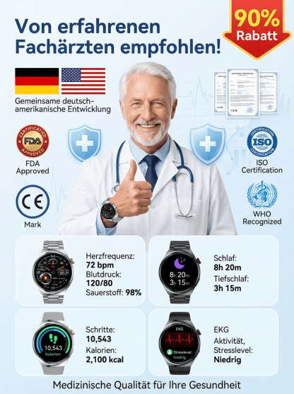 【Von Ärzten empfohlen】Die neueste Generation der Smart-Health-Watch！Messungen lebenslang kostenlos!