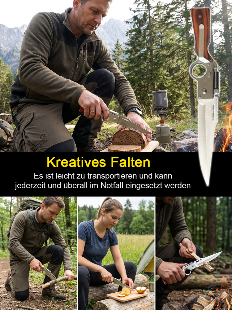 Multifunktionales Klappwerkzeug mit Holzgriff zur Selbstverteidigung