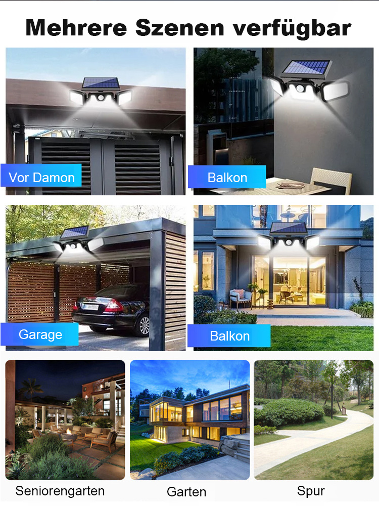 【Extrem helles Licht】 Dreiköpfige faltbare solarbetriebene Außen-Sensorleuchte