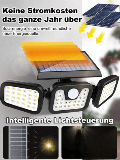【Extrem helles Licht】 Dreiköpfige faltbare solarbetriebene Außen-Sensorleuchte