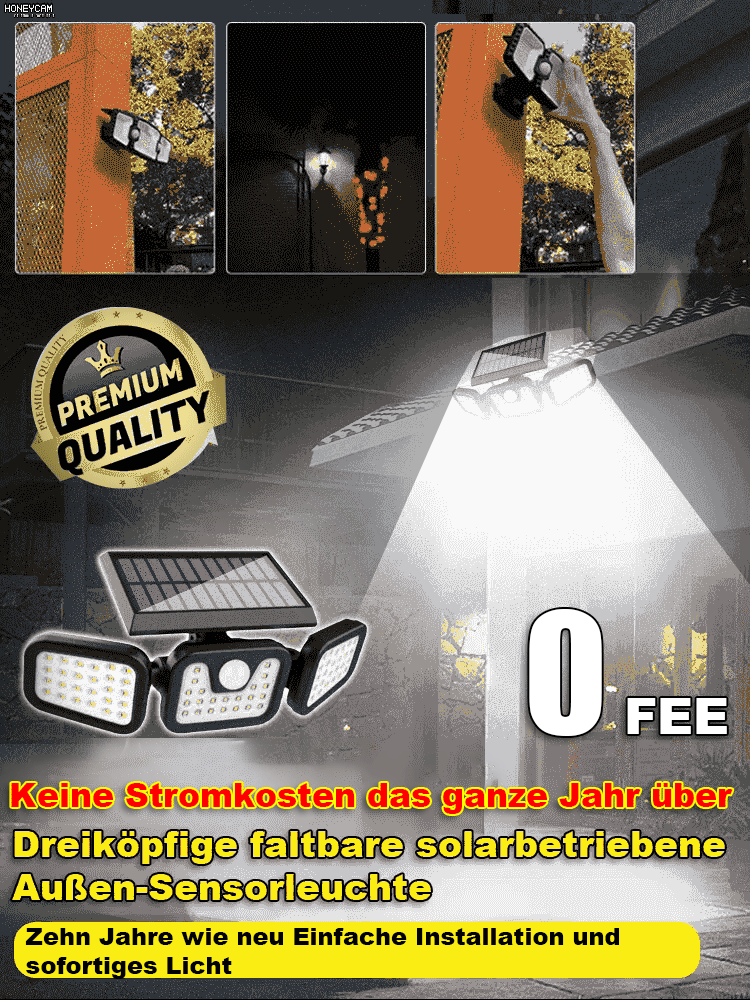 【Extrem helles Licht】 Dreiköpfige faltbare solarbetriebene Außen-Sensorleuchte
