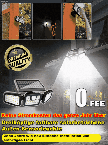 【Extrem helles Licht】 Dreiköpfige faltbare solarbetriebene Außen-Sensorleuchte