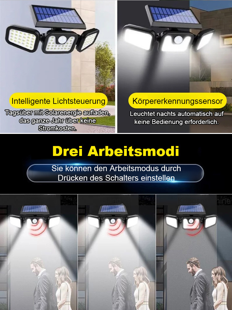 【Extrem helles Licht】 Dreiköpfige faltbare solarbetriebene Außen-Sensorleuchte