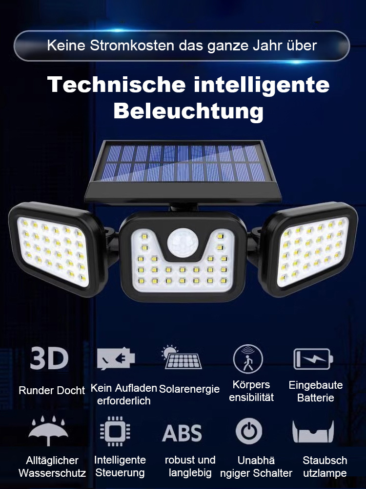 【Extrem helles Licht】 Dreiköpfige faltbare solarbetriebene Außen-Sensorleuchte