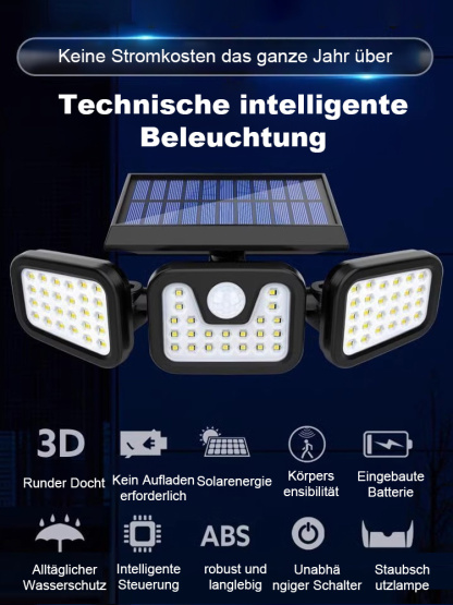 【Extrem helles Licht】 Dreiköpfige faltbare solarbetriebene Außen-Sensorleuchte