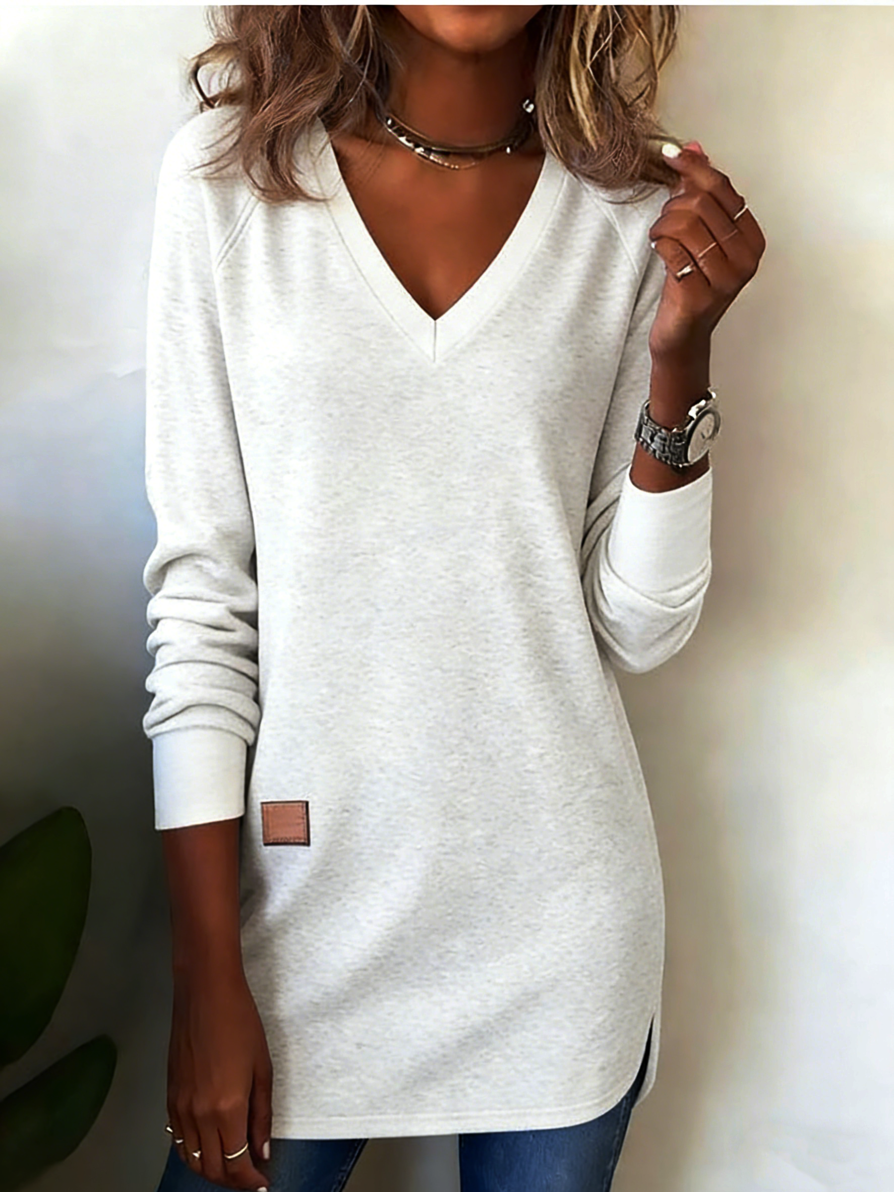 Women's Long-Sleeve V-Neck Solid-Color Knit Hoodie