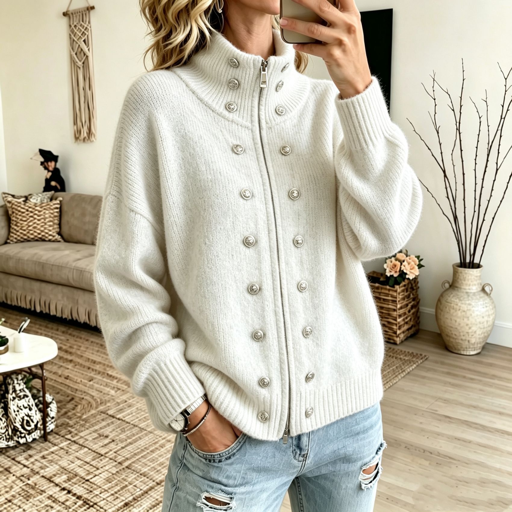 Women's Solid Color Stand-collar Long-sleeve Loose-fit Button-front Knit Cardigan