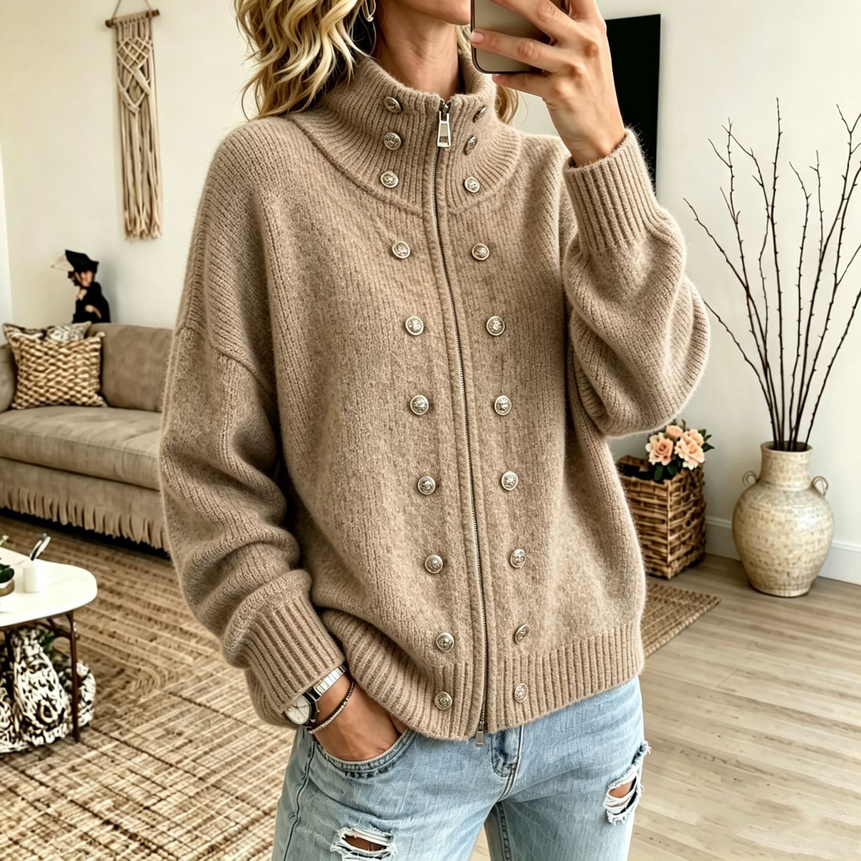 Women's Solid Color Stand-collar Long-sleeve Loose-fit Button-front Knit Cardigan