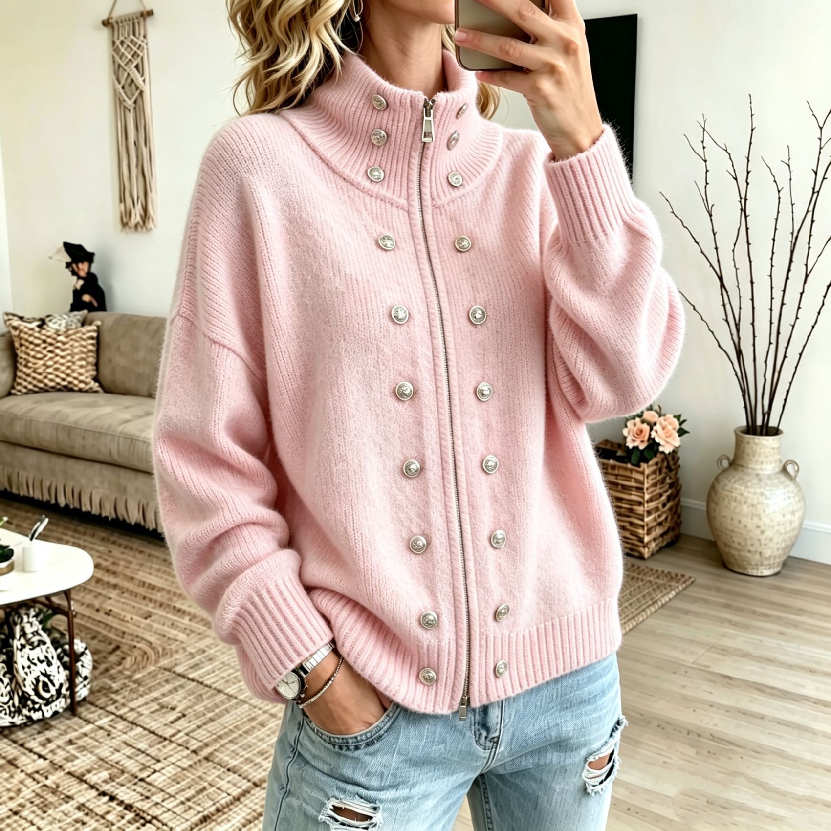 Women's Solid Color Stand-collar Long-sleeve Loose-fit Button-front Knit Cardigan
