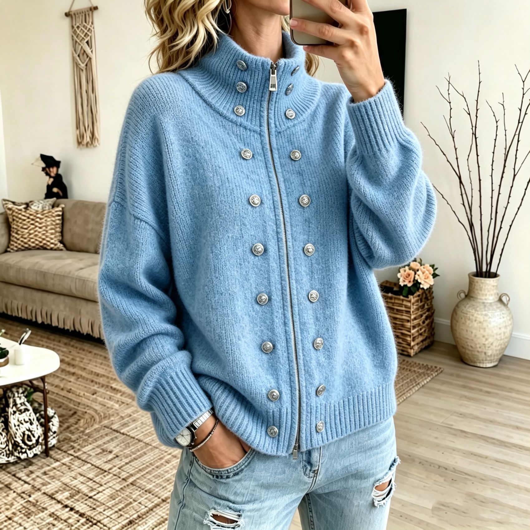 Women's Solid Color Stand-collar Long-sleeve Loose-fit Button-front Knit Cardigan