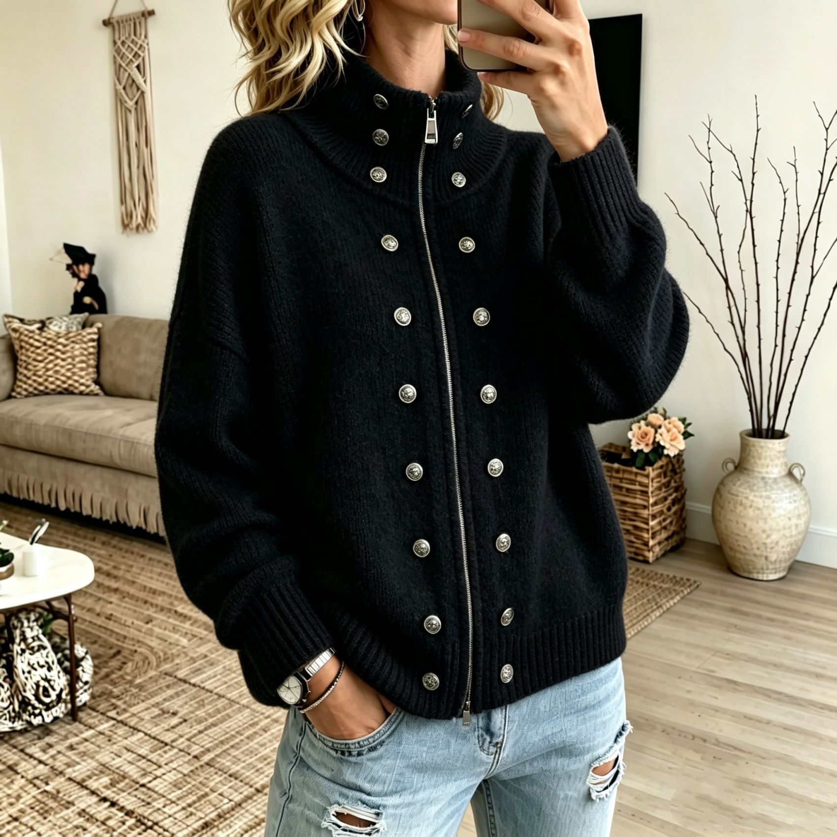 Women's Solid Color Stand-collar Long-sleeve Loose-fit Button-front Knit Cardigan