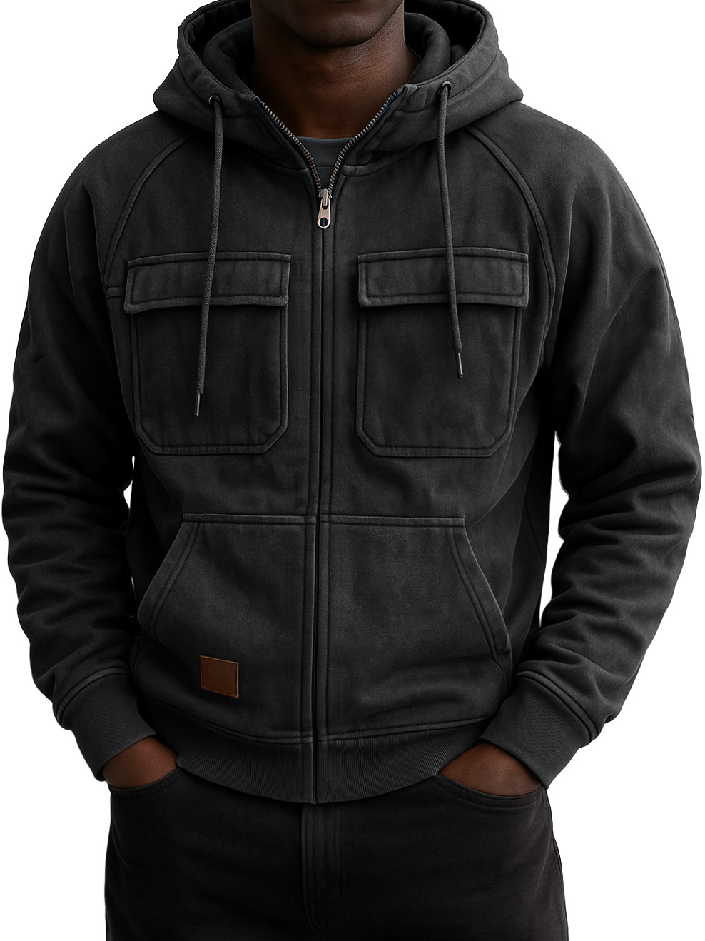 Men's Vintage Workwear Multi-pocket Zip Hooded Sweatshirt Jacket