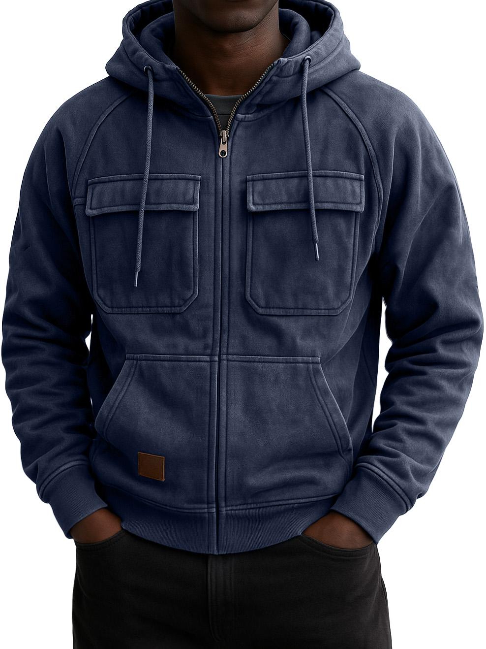Men's Vintage Workwear Multi-pocket Zip Hooded Sweatshirt Jacket