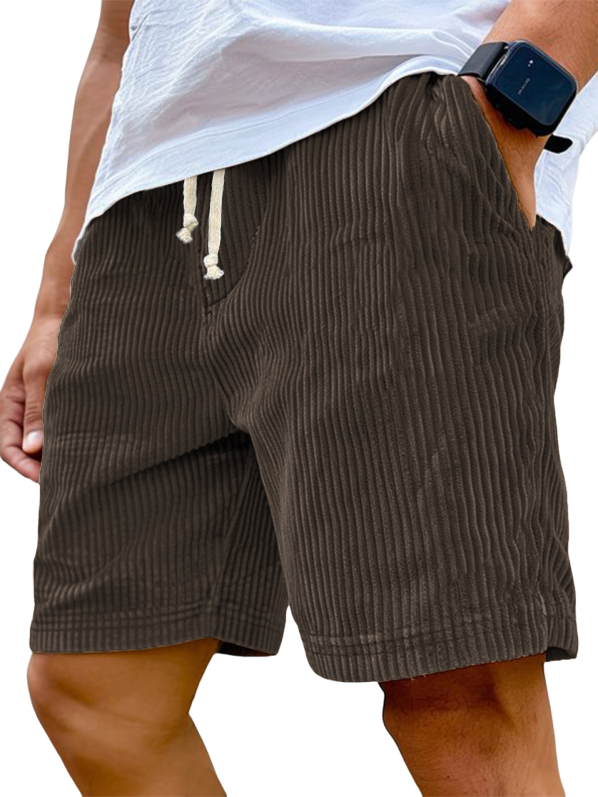 Men's Stylish Ribbed Vertical Striped Corduroy Loose Lace-up Casual Shorts