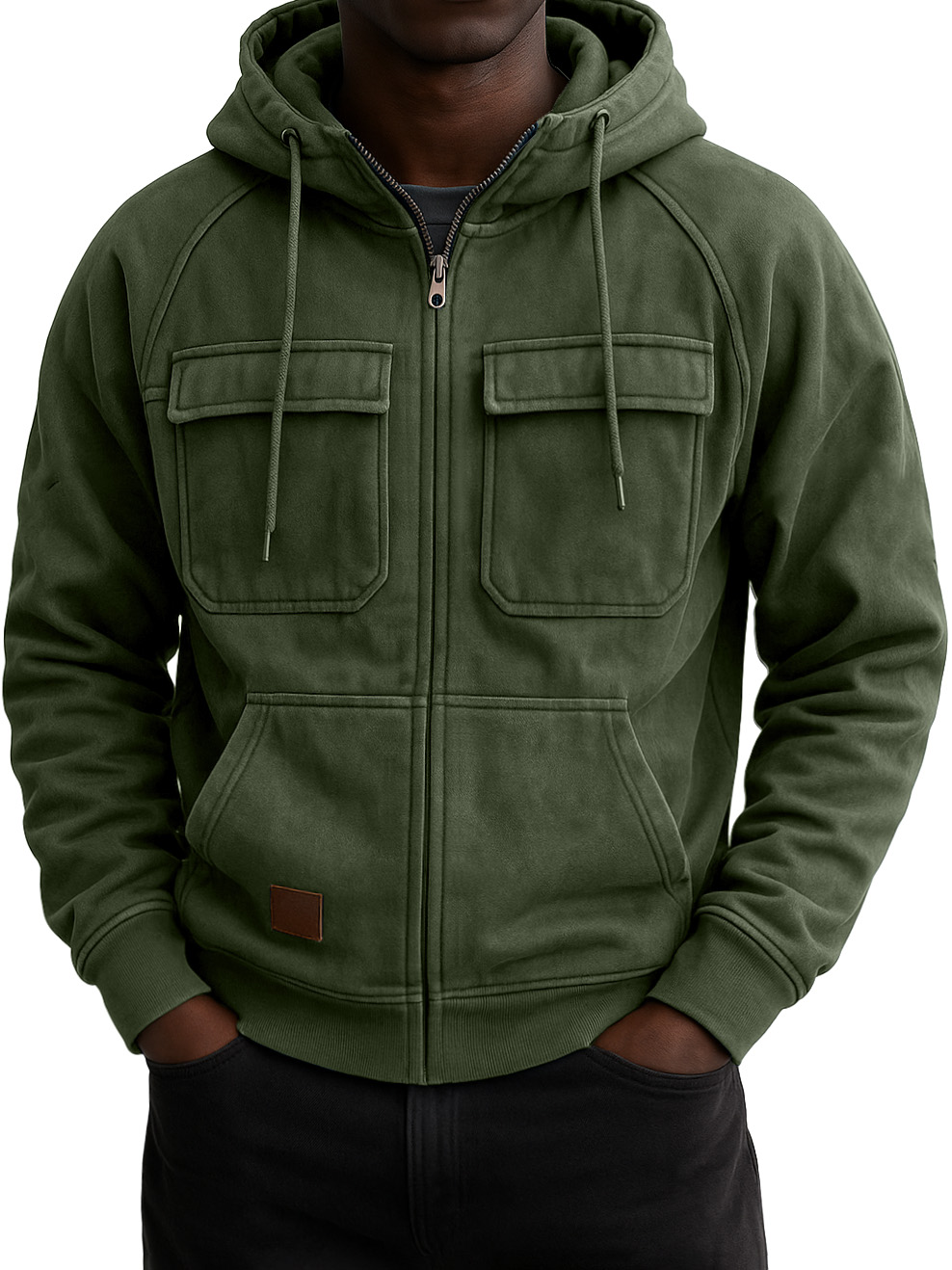 Men's Vintage Workwear Multi-pocket Zip Hooded Sweatshirt Jacket