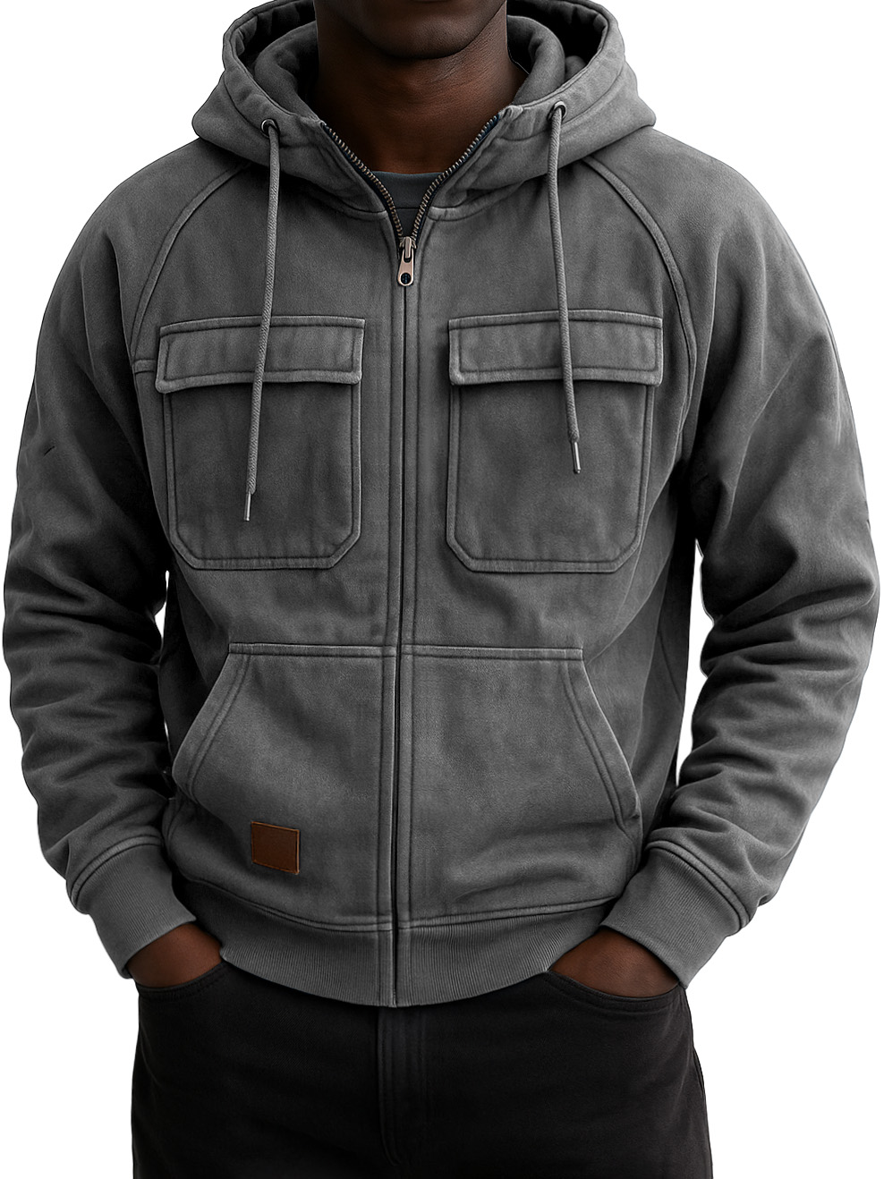 Men's Vintage Workwear Multi-pocket Zip Hooded Sweatshirt Jacket