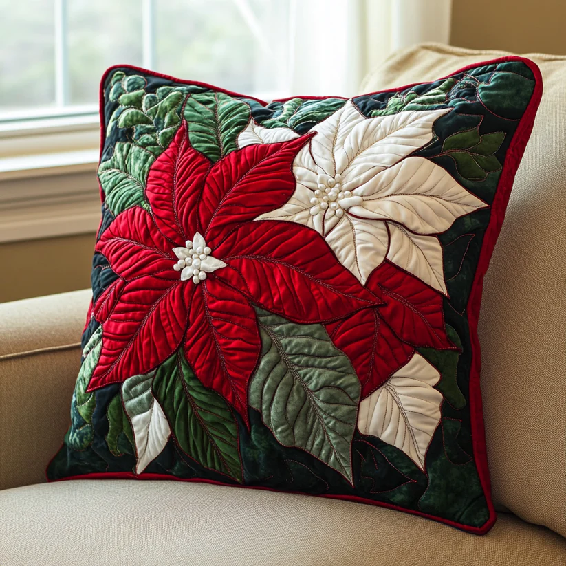 Red & White Poinsettia Quilted Pillow