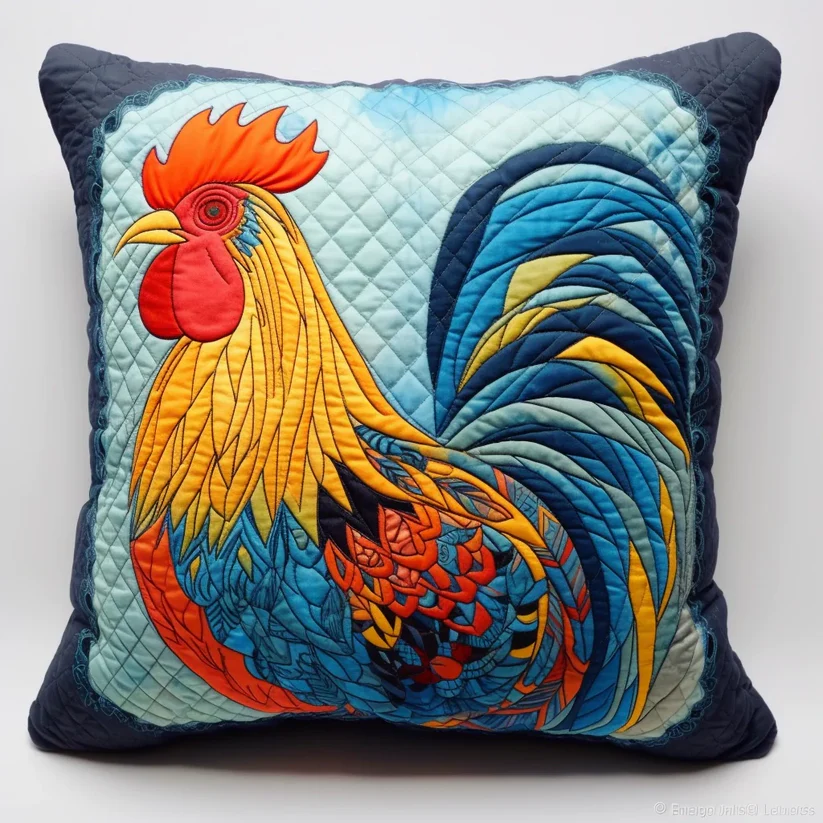 Vibrant Rooster Quilted Pillow