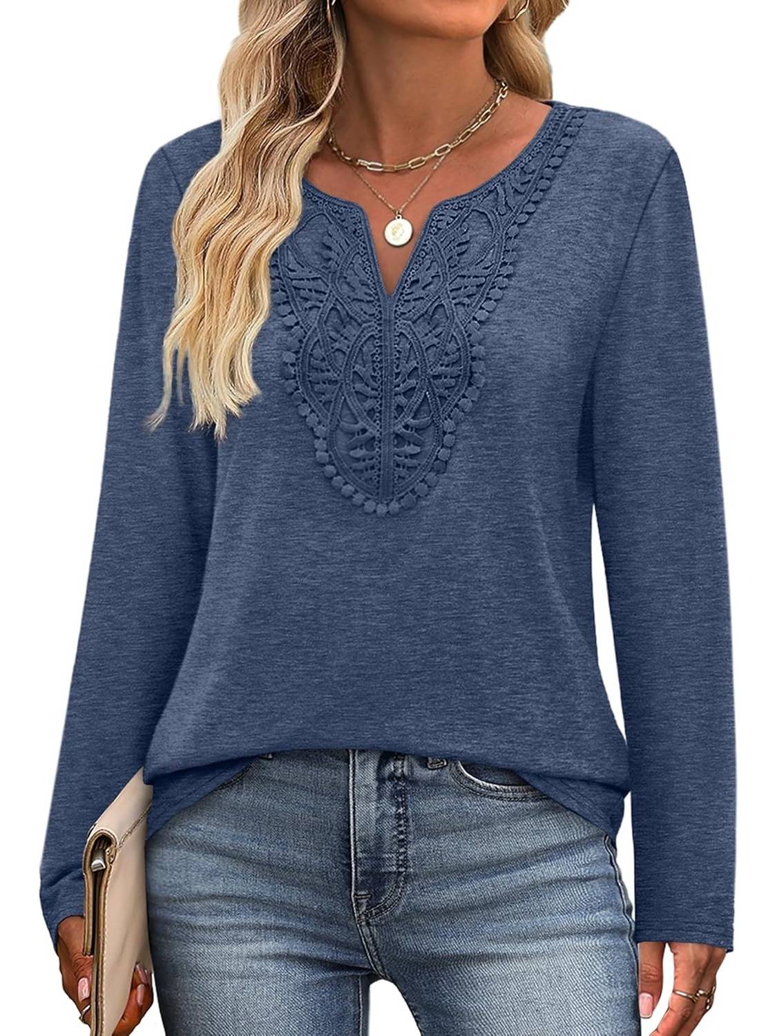 ✨Women Dressy Casual Lace V Neck Long Sleeve Shirts Blouses (Buy 3 Free Shipping)