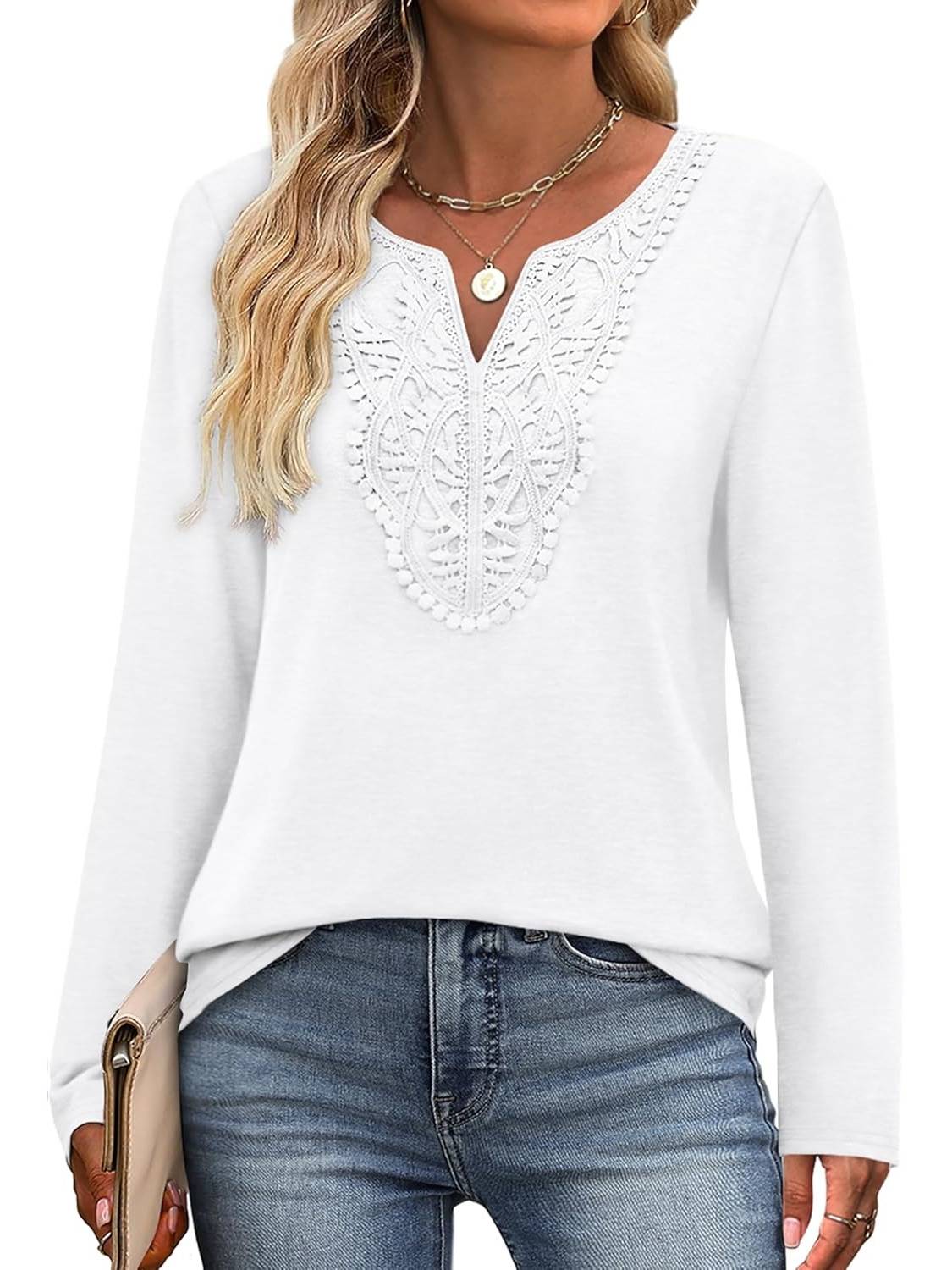 ✨Women Dressy Casual Lace V Neck Long Sleeve Shirts Blouses (Buy 3 Free Shipping)