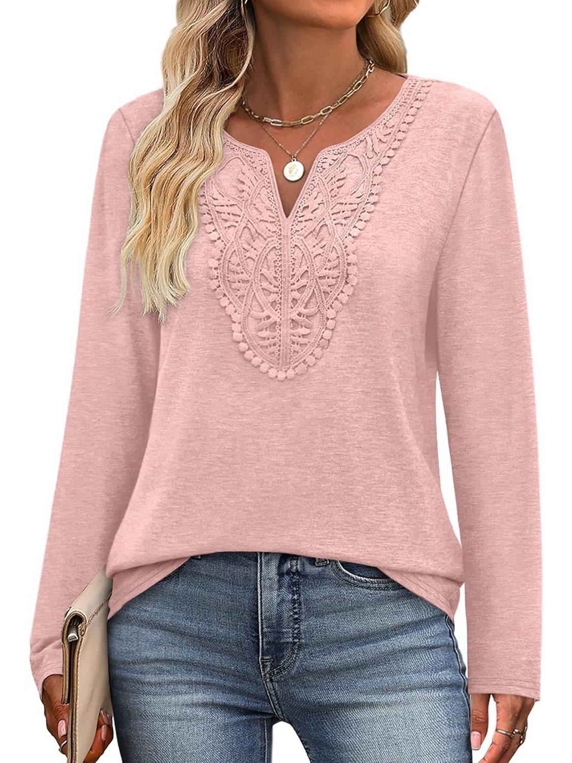 ✨Women Dressy Casual Lace V Neck Long Sleeve Shirts Blouses (Buy 3 Free Shipping)