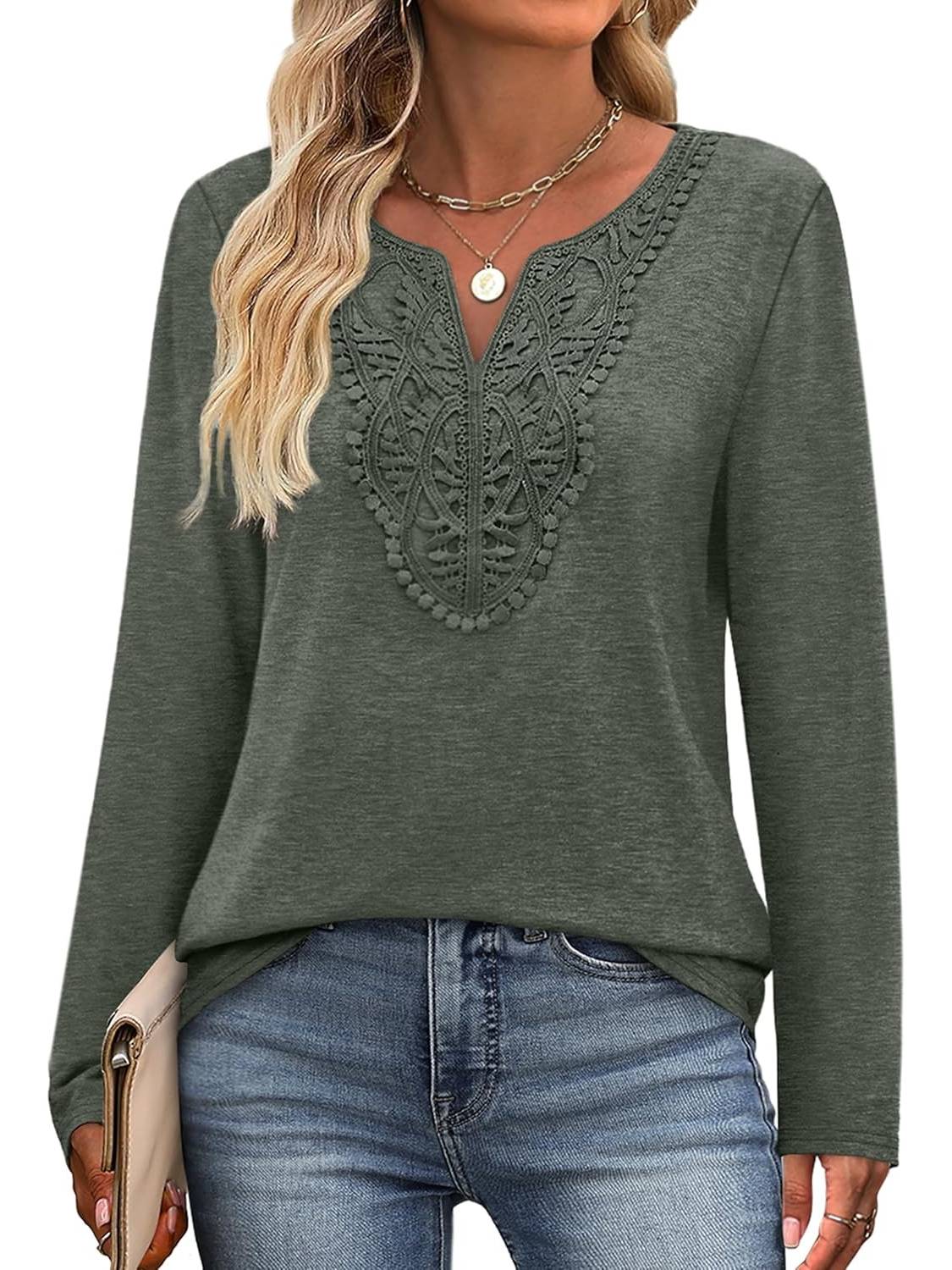 ✨Women Dressy Casual Lace V Neck Long Sleeve Shirts Blouses (Buy 3 Free Shipping)