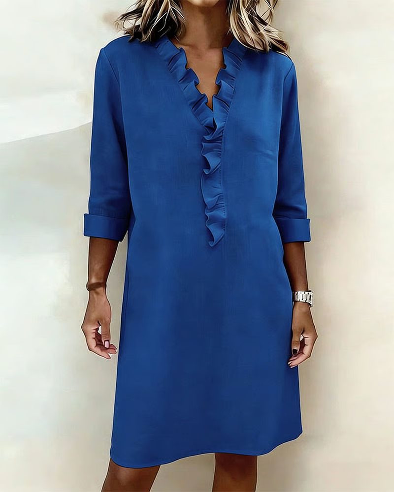 Ruffled V-Neck Solid Color Dress