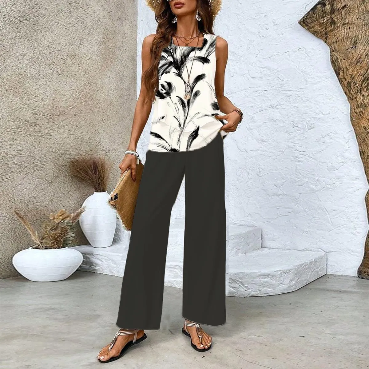 Green Plant Print Square Neck Two Piece Set