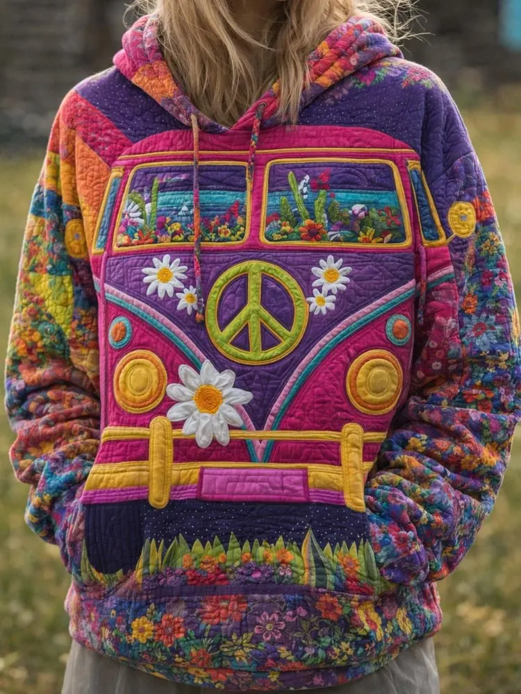 Hippie Van Quilted Casual Regular Fit Long Sleeve Hoodie Sweatshirt