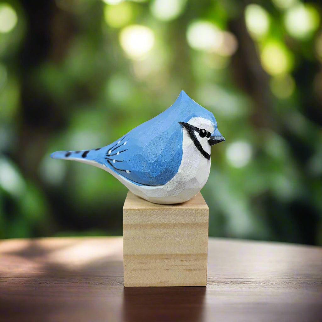 Blue Jay Bird Figurine Hand Carved Painted Wooden
