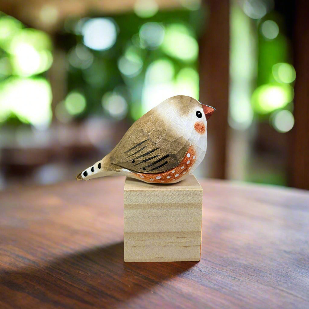 Zebra Finch Figurine Hand Carved Painted Wooden