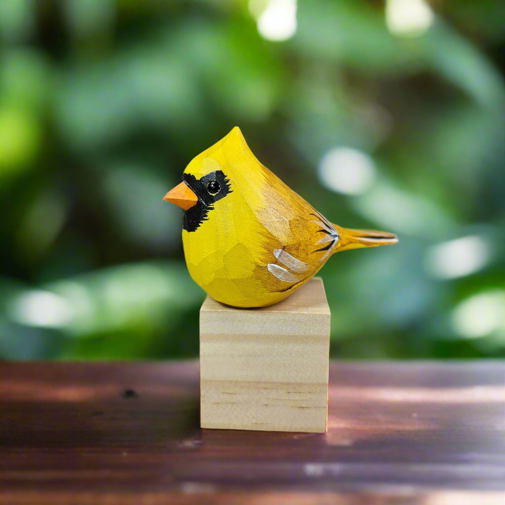 Golden Cardinal Bird Wood Figurine Hand Carved And Painted