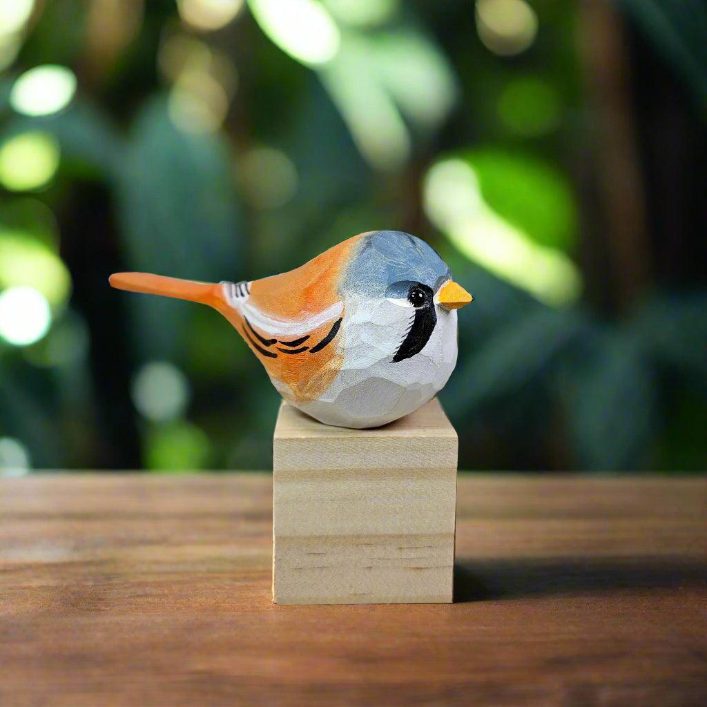 Bearded Tit Figurines Hand Carved Painted Wooden