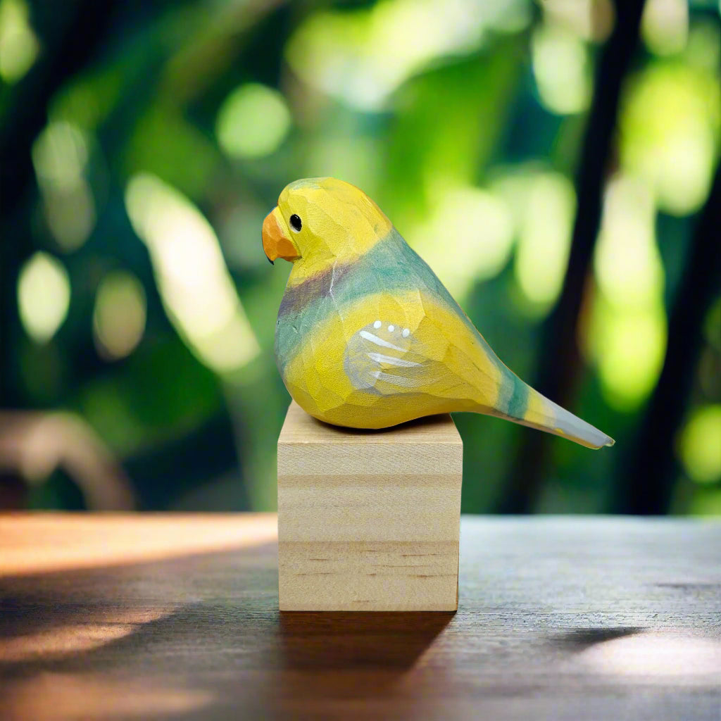 Vibrant Parakeet Figurine - Hand-Painted Wooden Sculpture for Bird Lovers