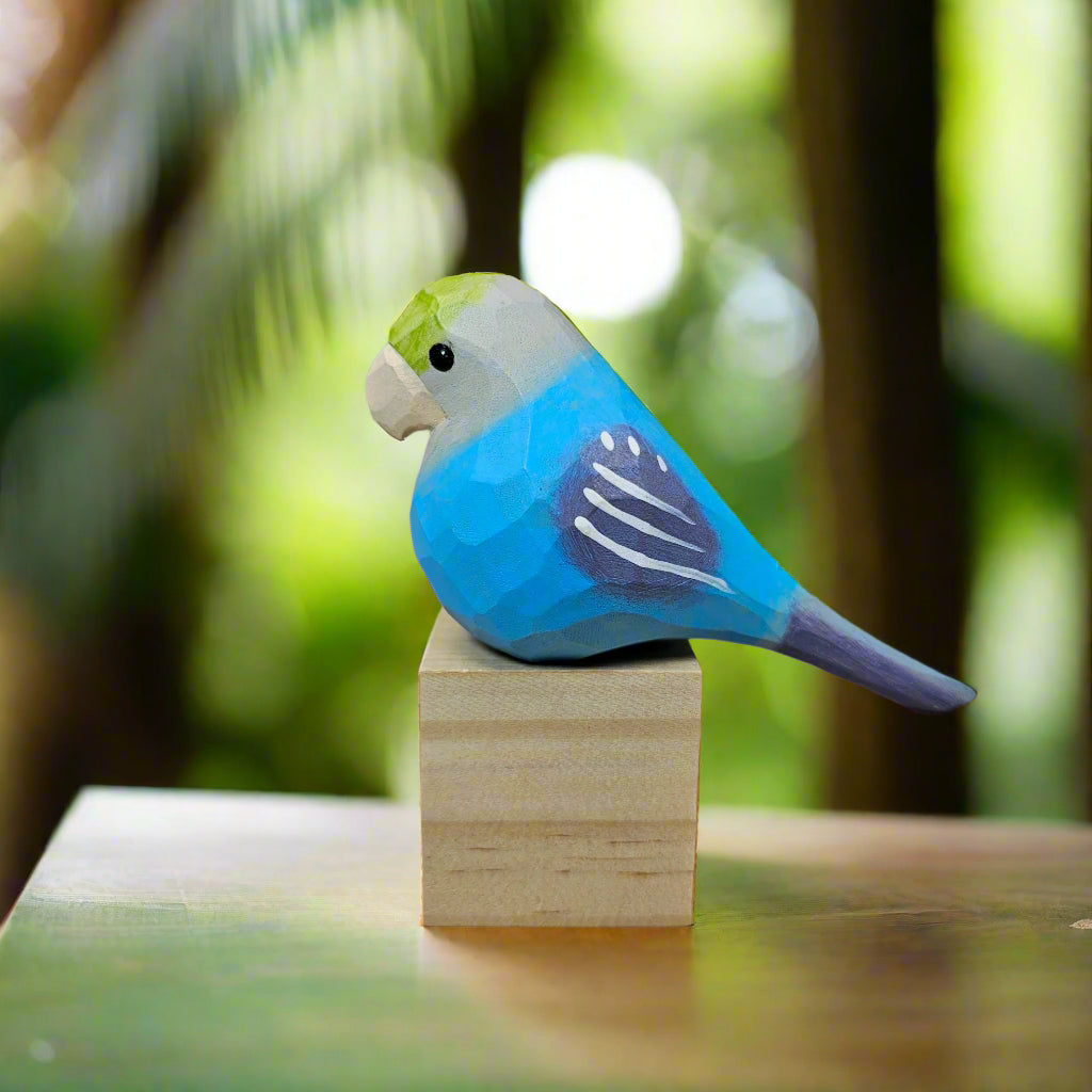 Vibrant Parakeet Figurine - Hand-Painted Wooden Sculpture for Bird Lovers