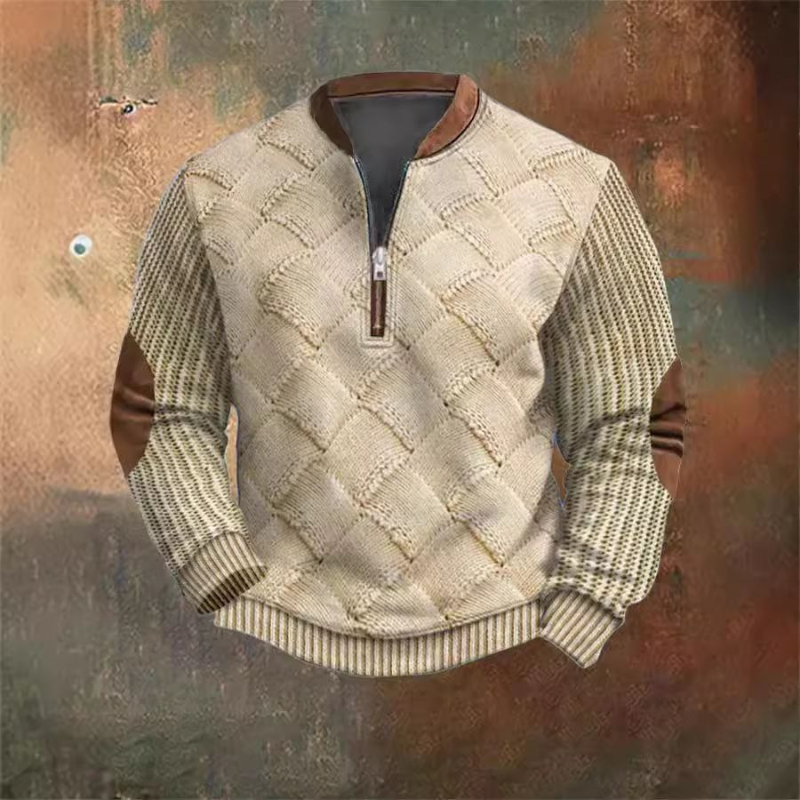 Men's Vintage Country Western Cashmere Wool Print Zipper Stand Collar Casual Sweatshirt