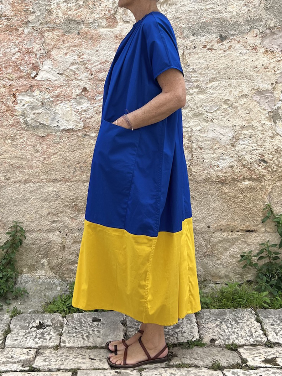 Colorblock Straight Loose Pocket Linen Dress