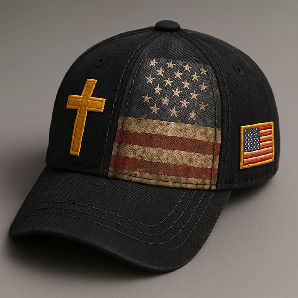 Men's Baseball Cap, USA Flag & Embroidered Cross