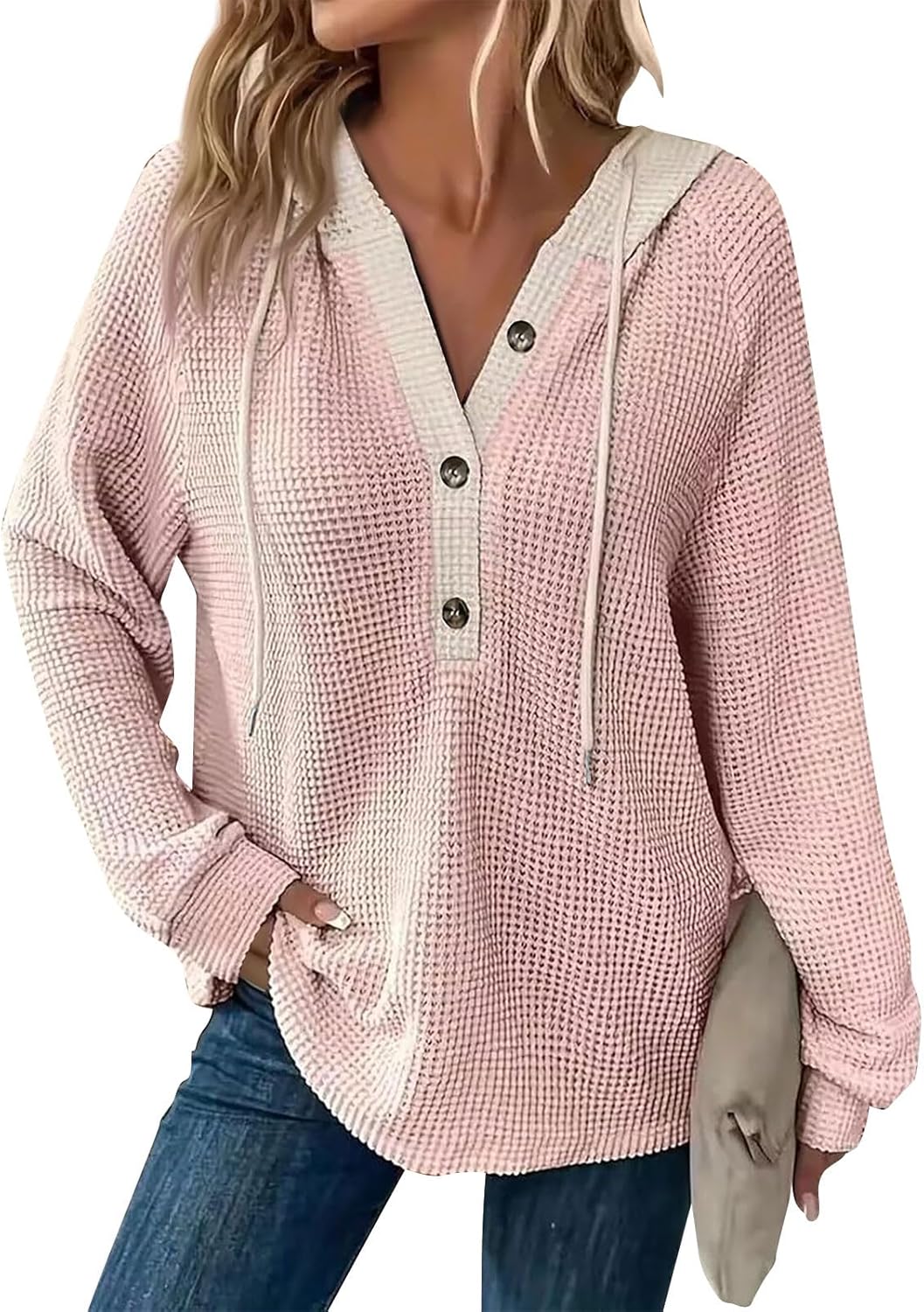 Women's Waffle Knit Drawstring Button Long Sleeve Hoodie