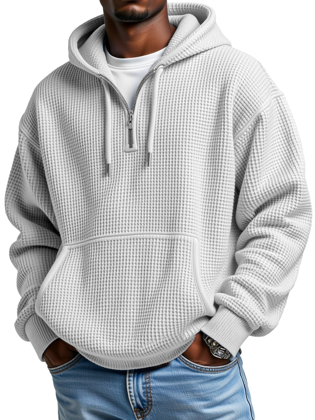 Black Friday Early Sale - Men's Casual Solid Color Waffle Zipper Long Sleeve Hooded Sweatshirt