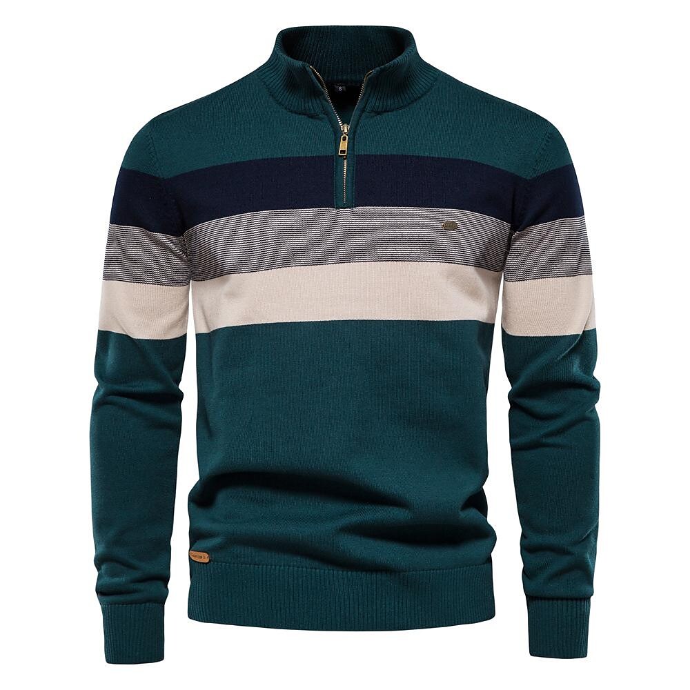 Men's Contrast Striped Half-Zip Stand Collar Sweater