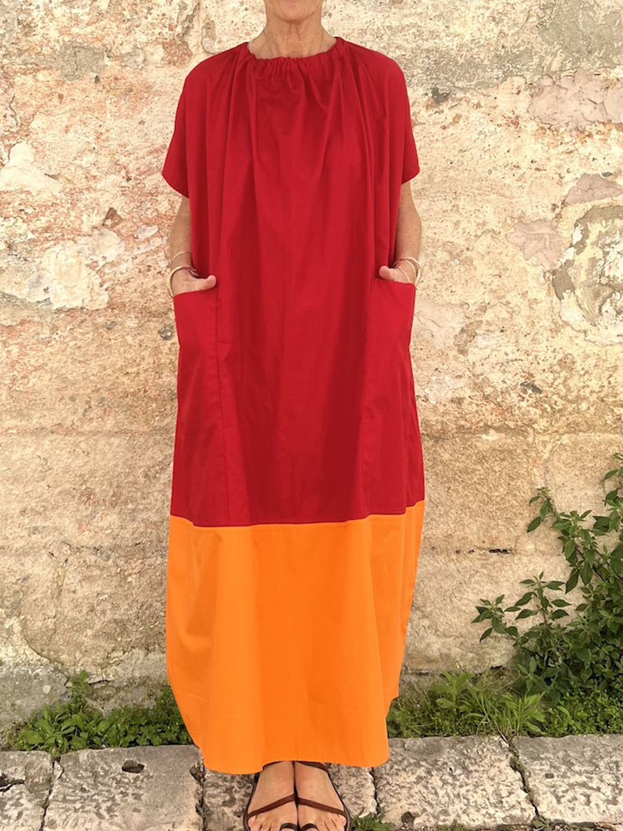 Colorblock Straight Loose Pocket Linen Dress