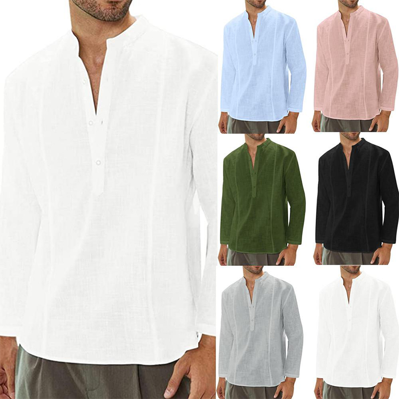 Men's Solid Color Stand Collar Shirt Long Sleeve Comfortable Casual