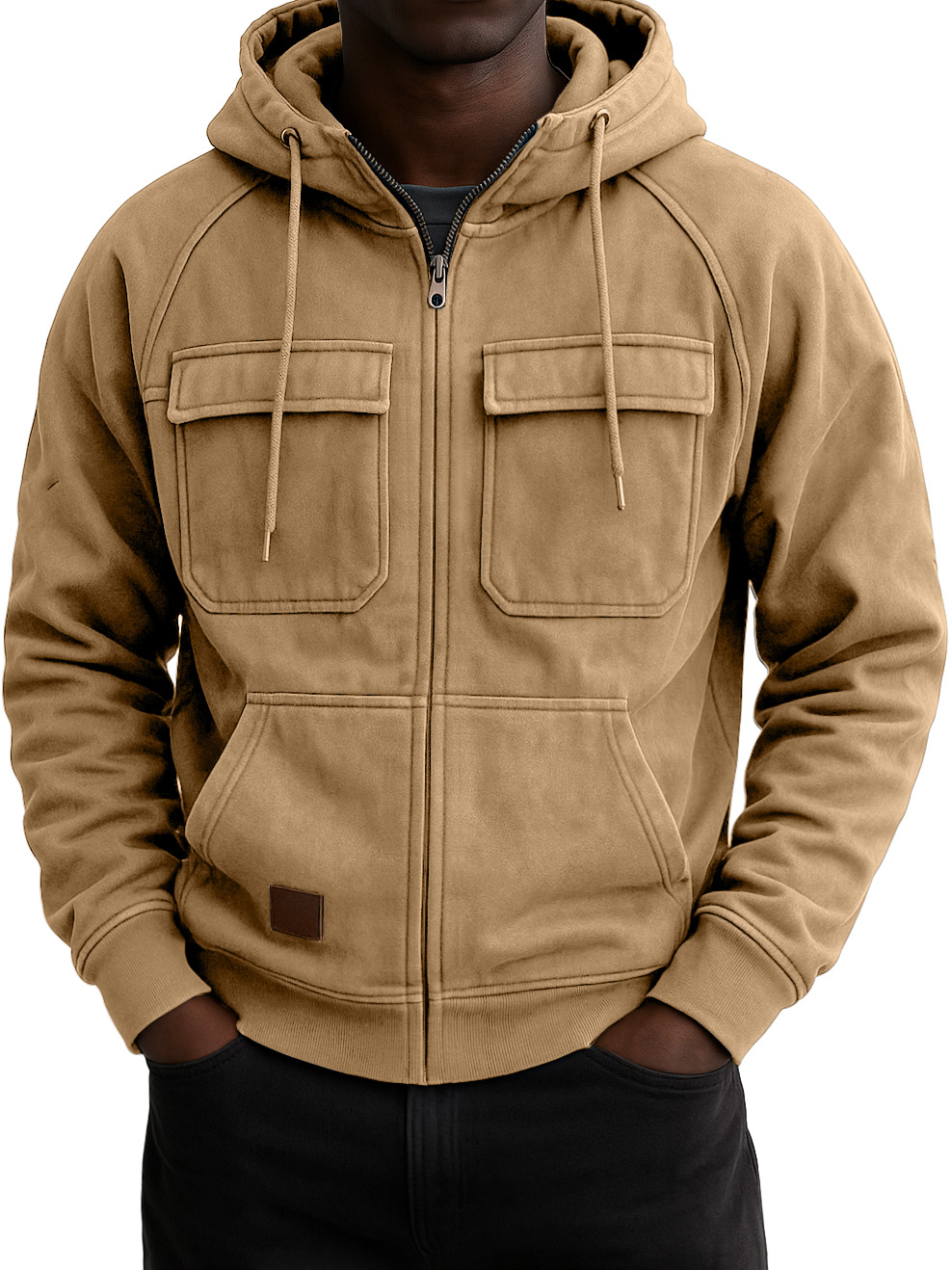 Men's Vintage Workwear Multi-pocket Zip Hooded Sweatshirt Jacket